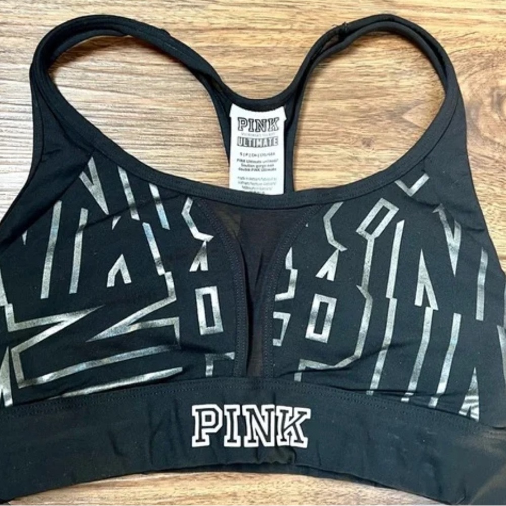 PINK Victoria's Secret Black and Silver Sports Bra